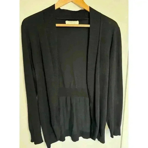 Pointelle Black Open Grandma Cardigan Sweater Buttonless Gathered at Back Size M - Picture 1 of 12